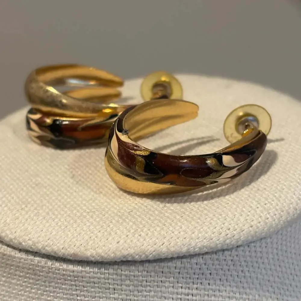 Vintage Gold Tone Earthy Colored Enamel Double Loop Half Hoop Pierced Earrings